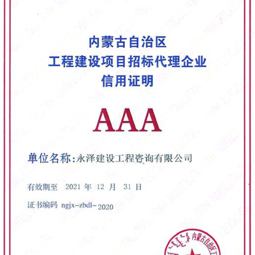 内蒙古自治区工程建设项目招标代理企业“AAA”等级评价
